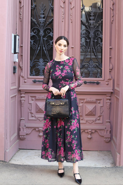 MEROKEETY Wedding Guest Crewneck Floral Flowy Mesh Cocktail Dresses