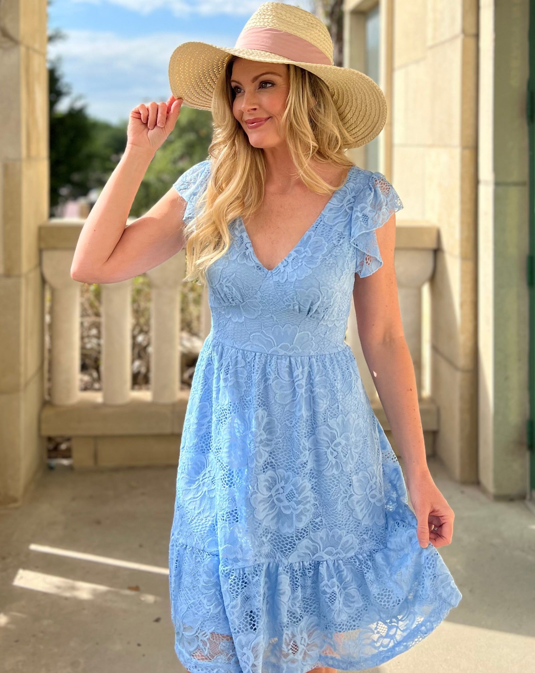 Merokety MEROKEETY V Neck Flutter Sleeve Floral Lace Tie Back Mini Dress – Merokeety