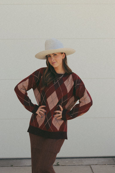 MEROKEETY Argyle Plaid Crewneck Loose Color Block Knit Pullover Tops