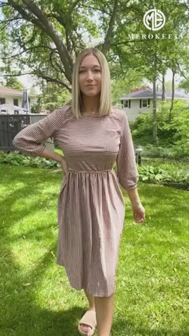MEROKEETY Women's Striped Long Sleeve T-Shirt Dress - Casual Tie Waist Knee-Length Dress