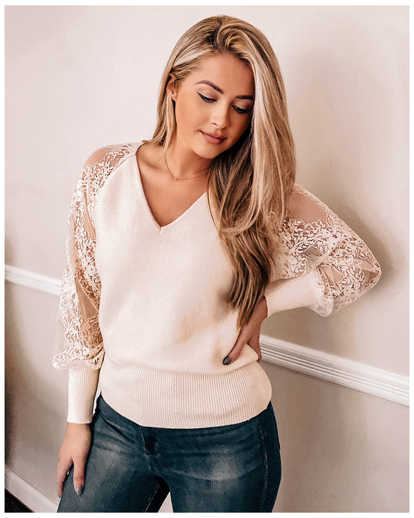 MEROKEETY Lace Long Sleeve Ribbed Knit Sweater
