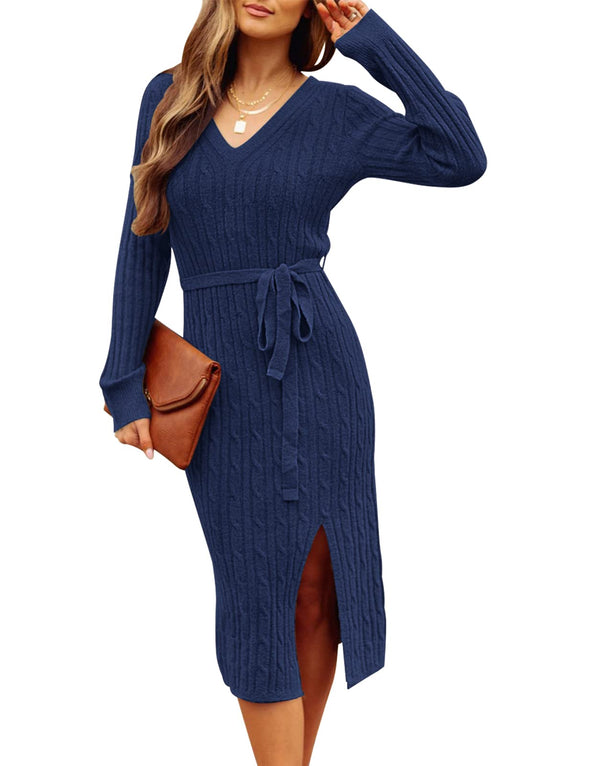 MEROKEETY Pullover Belted Bodycon Slit Sweater Dress
