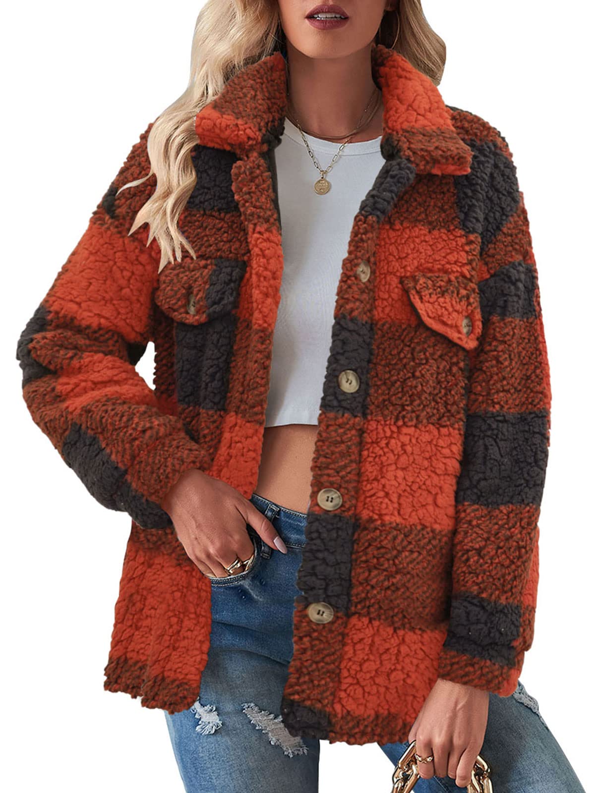 MEROKEETY Plaid Fleece Button Down Sherpa Coat Jacket – Merokeety