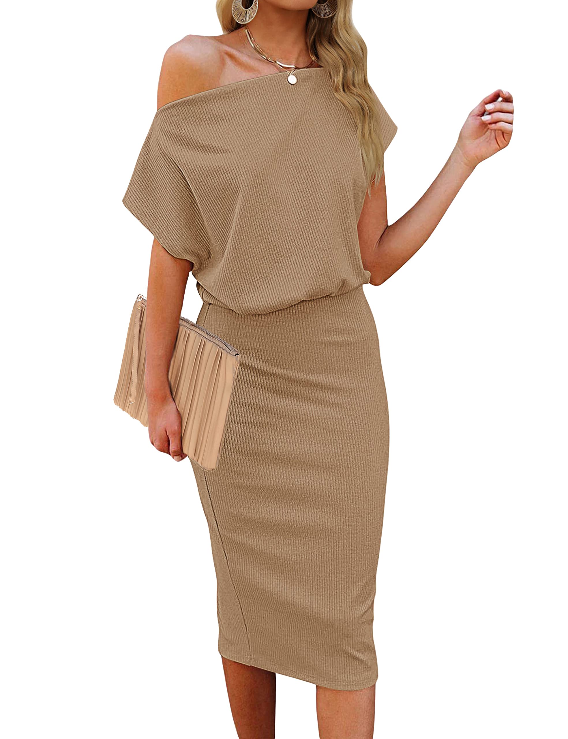 MEROKEETY Off Shoulder Ribbed Bodycon Midi Dress – Merokeety