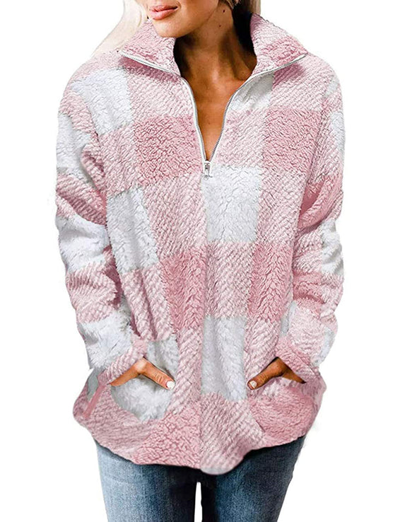 MEROKEETY Plaid Sherpa Fleece Zip Pullover Jacket