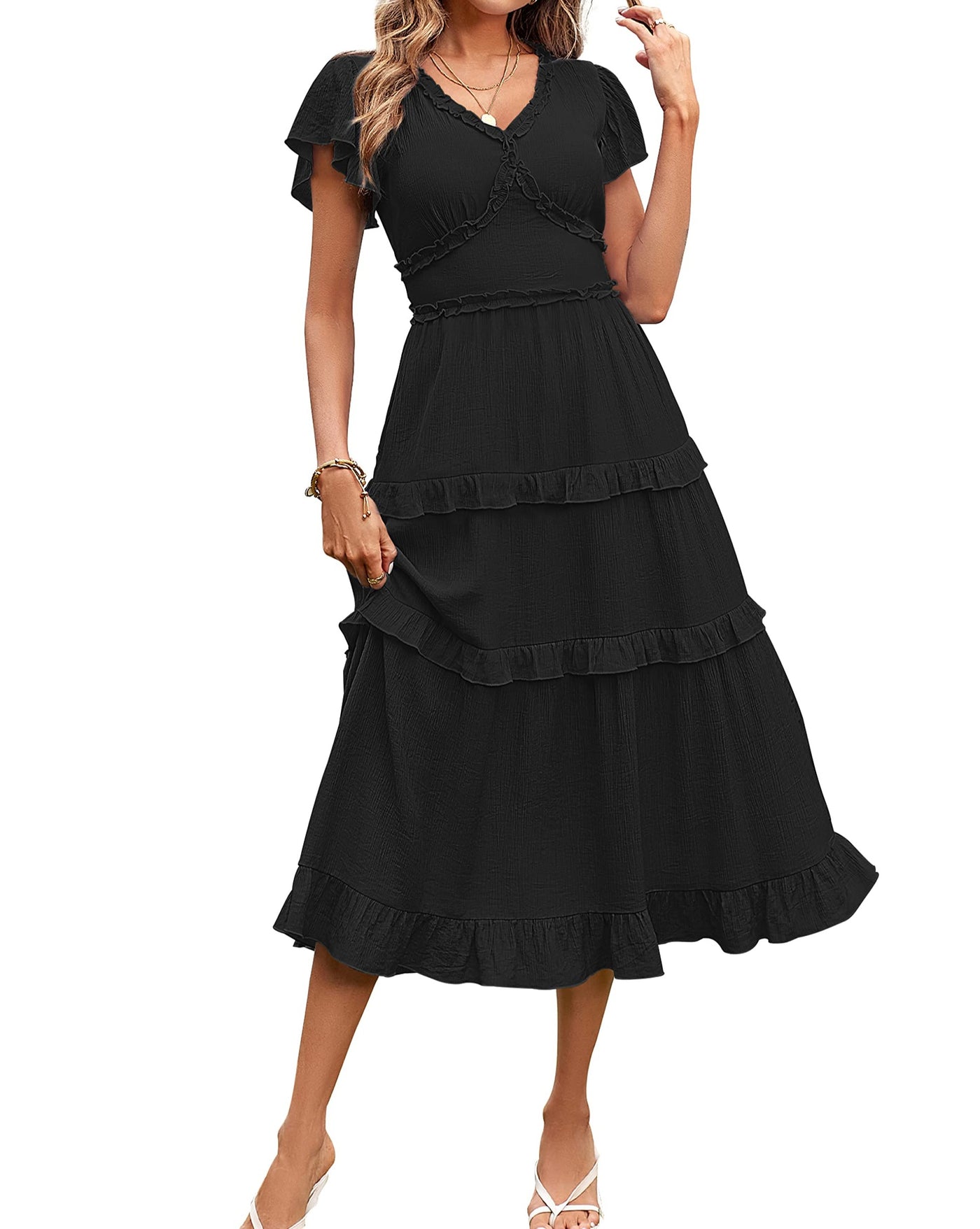 Merokety MEROKEETY Ruffle Sleeve Elastic Waist A Line Midi Dress – Merokeety