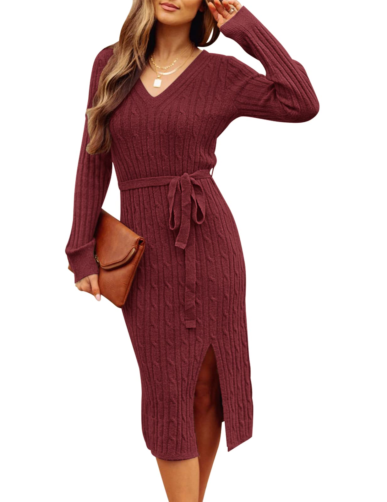 Abito Maglia Lungo MEROKEETY – Maniche Lunghe Con Spalla Scoperta – Tessuto Costina Elasticizzato – Colore Unito – Taglie USA Dalla S Alla XXL