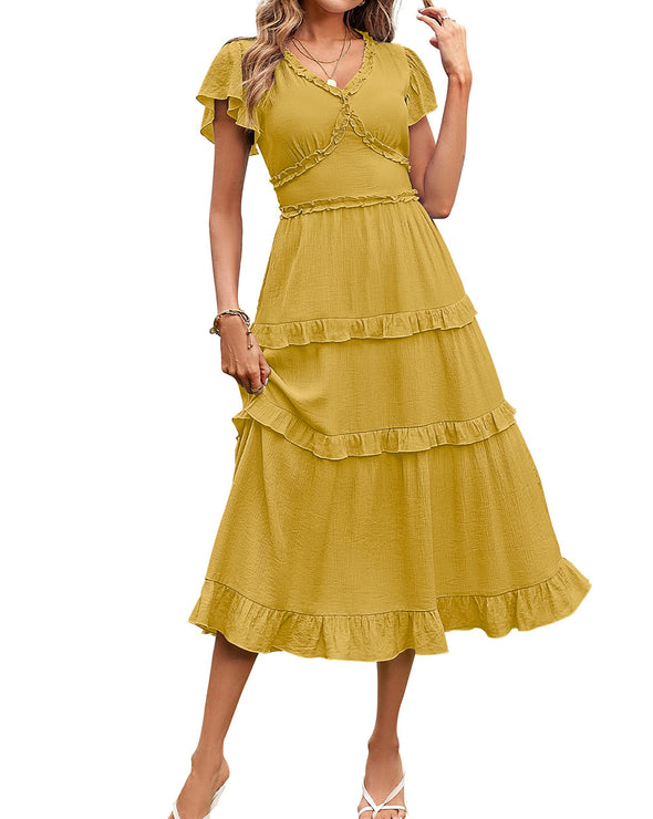MEROKEETY Ruffle Sleeve Elastic Waist A Line Midi Dress
