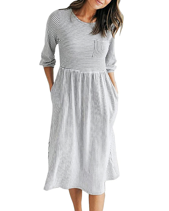 MEROKEETY Balloon Sleeve Striped Midi Shirt Dress