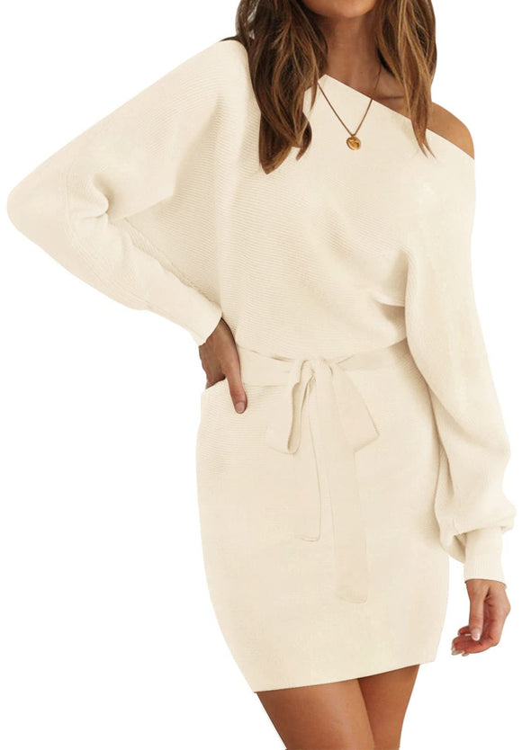 MEROKEETY Off Shoulder Ribbed Knit Belted Sweater Dress