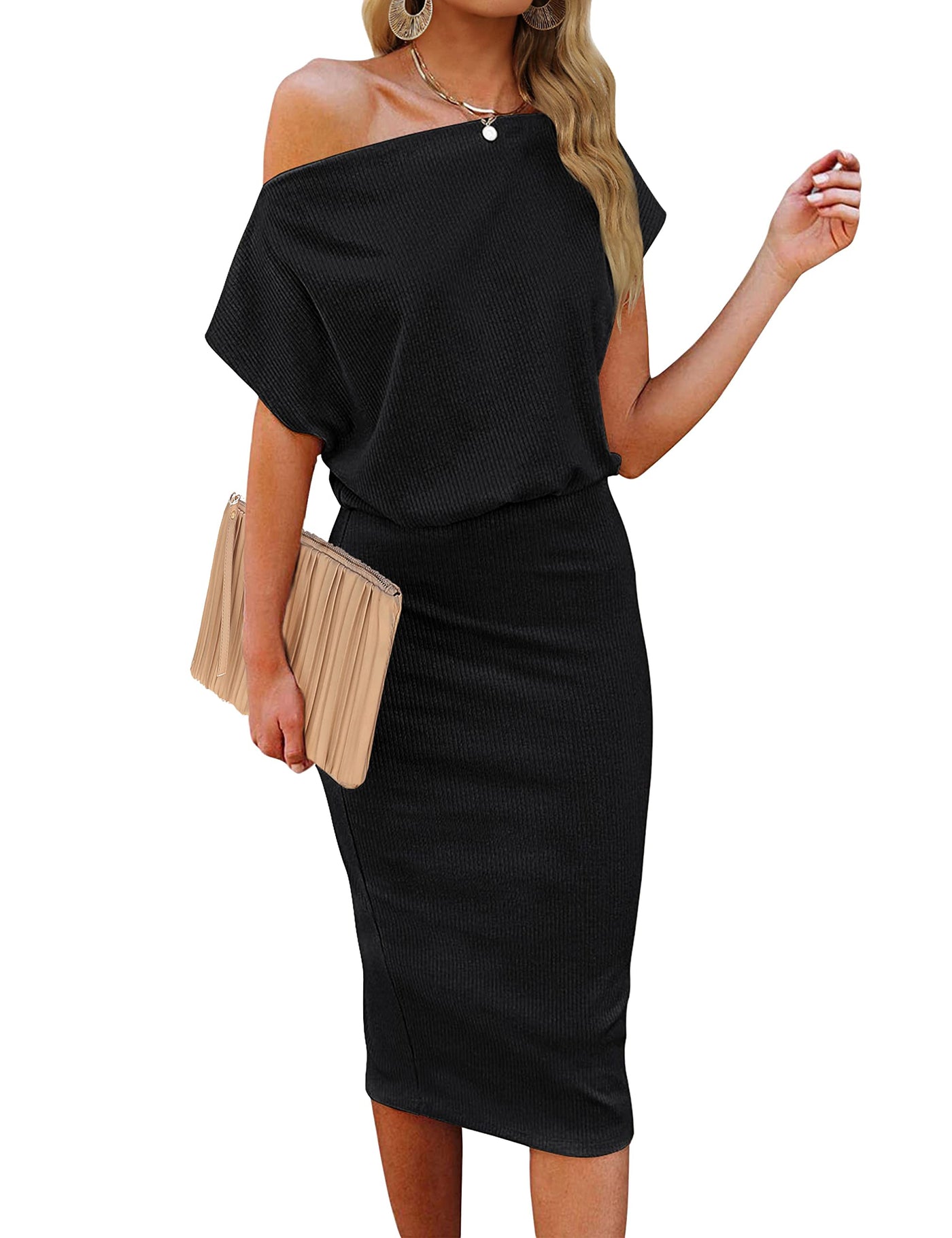 MEROKEETY Off Shoulder Ribbed Bodycon Midi Dress – Merokeety