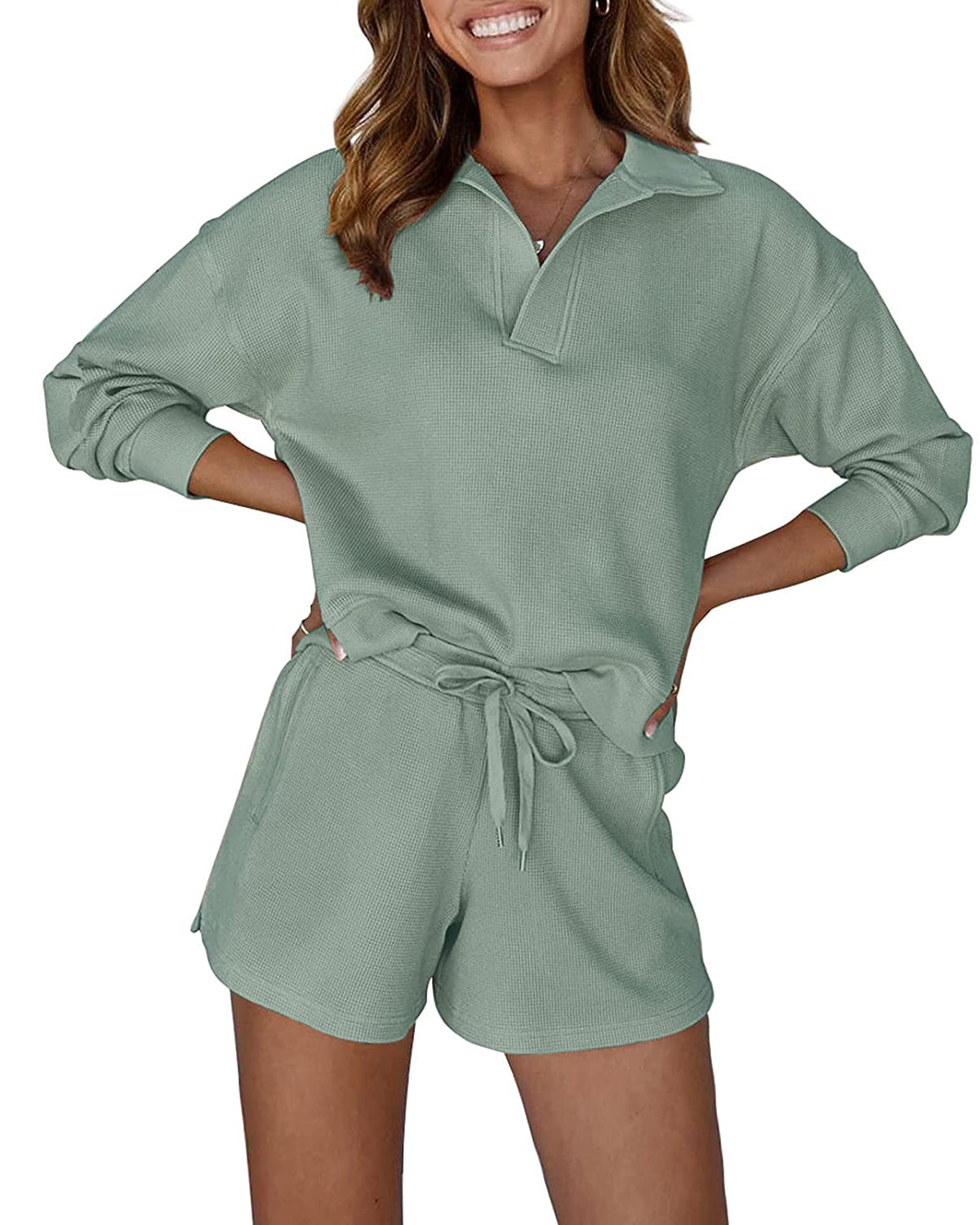 Metietila Women's Waffle Knit Pajamas Set Cream Beige PJs Long Sleeve Tops  and Pants 2 Piece Lounge Sets Loungewear PJ Sets for Women M : :  Clothing, Shoes & Accessories