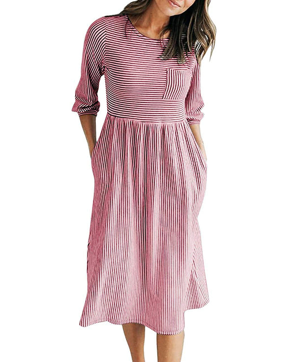 MEROKEETY Balloon Sleeve Striped Midi Shirt Dress