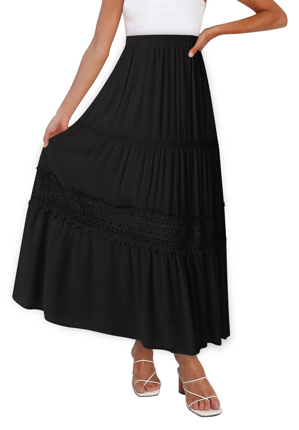 MEROKEETY High Waist Lace Trim Tiered Pleated Skirt