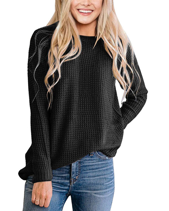 MEROKEETY Crew Neck Waffle Knit Pullover Top