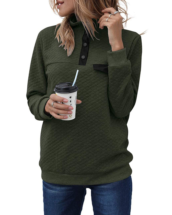 MEROKEETY Button Quilted Patchwork Pullover Sweatshirt