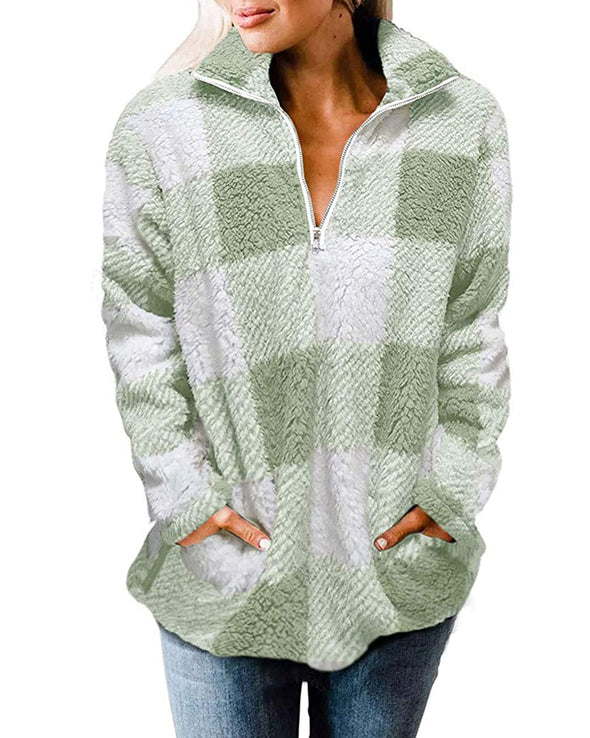 MEROKEETY Plaid Sherpa Fleece Zip Pullover Jacket