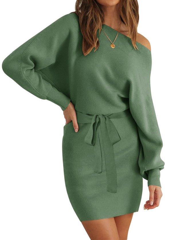 MEROKEETY Off Shoulder Ribbed Knit Belted Sweater Dress