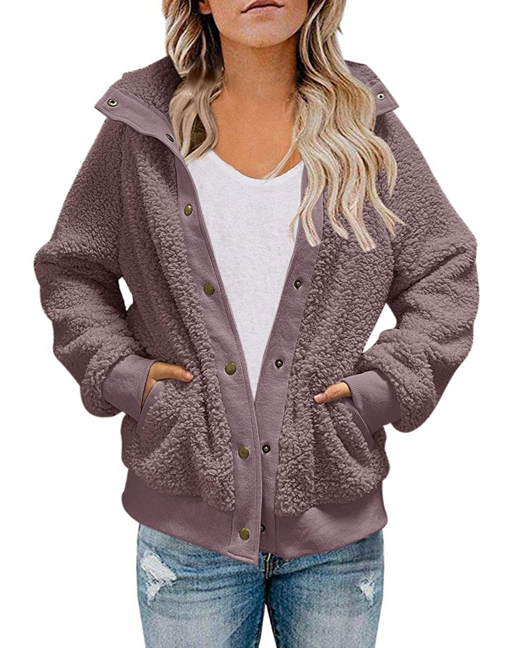 Womens Fuzzy Fleece Jacket Winter Long Sleeve Button Casual Sherpa Coats  Warm Outwear With Pockets