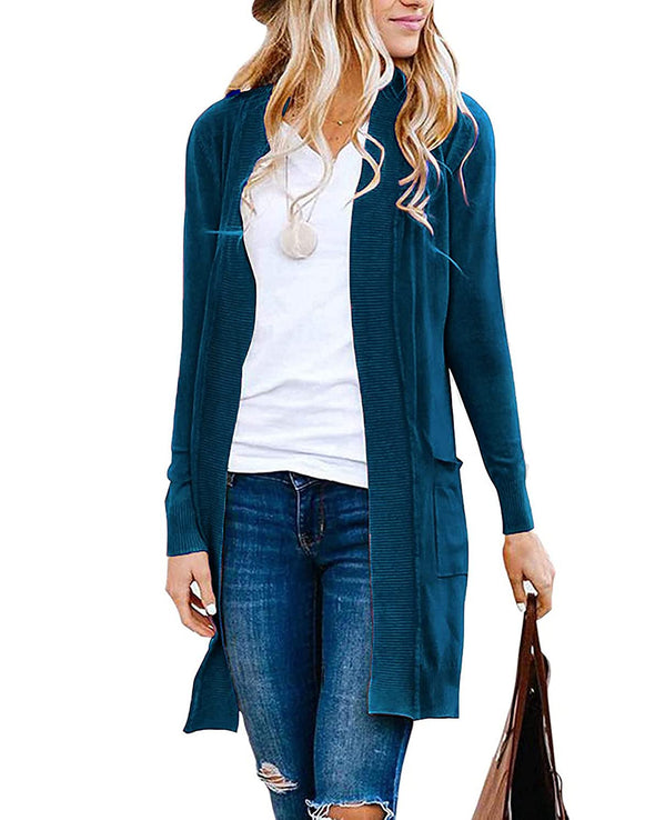 MEROKEETY Open Front Ribbed Knit Cardigan