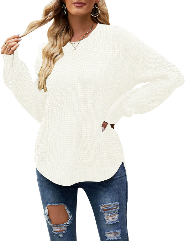 MEROKEETY Round Neck Waffle Knit Pullover Sweater