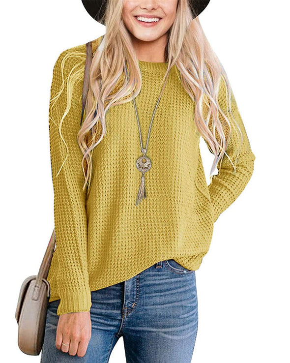 MEROKEETY Crew Neck Waffle Knit Pullover Top