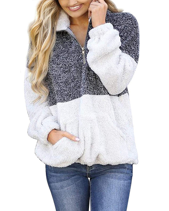 MEROKEETY Contrast Fleece Zipper Sherpa Pile Pullover